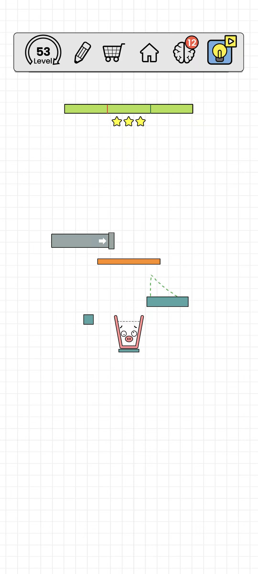 Happy Glass level 53 with the glass waiting beneath a water pipe and angled platforms