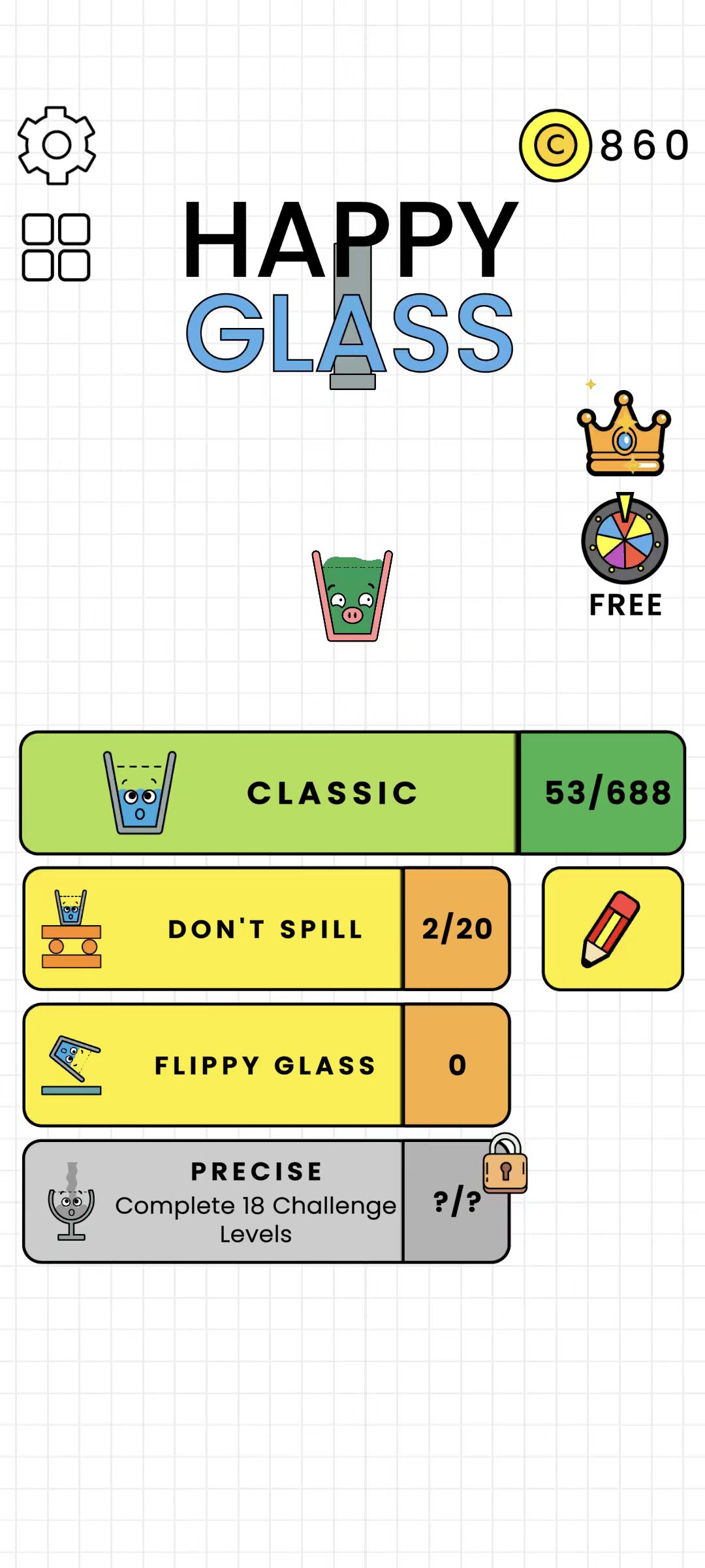 Happy Glass main menu showing Classic and challenge game modes