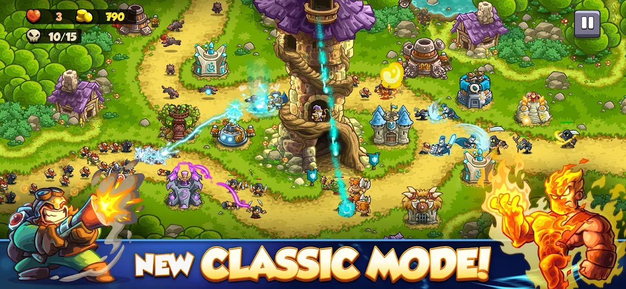Heroes and towers battling enemy waves around a forest tower