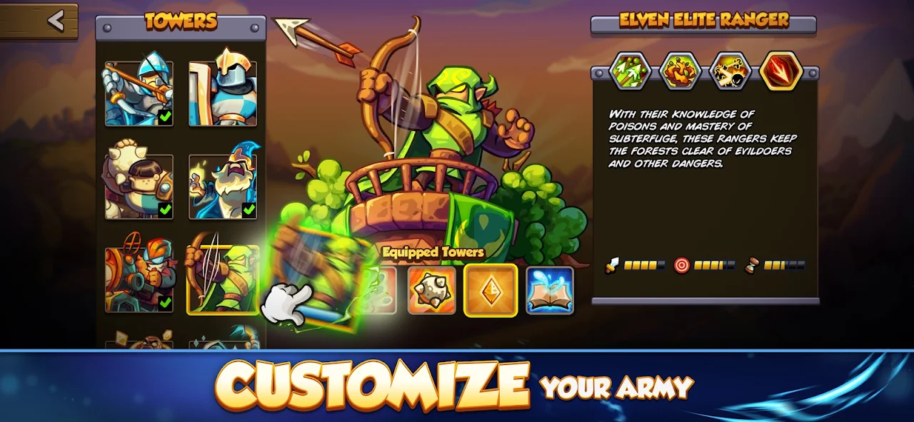 Tower selection featuring the Elven Elite Ranger and equipped towers