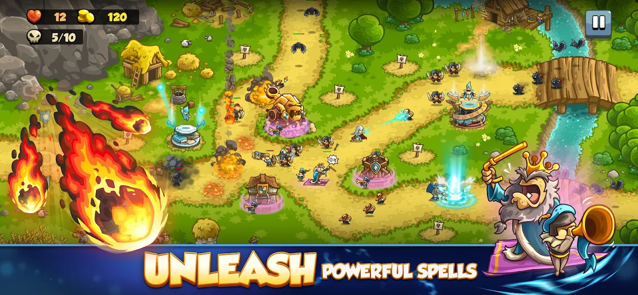 Spells and reinforcements defending winding paths beside a river
